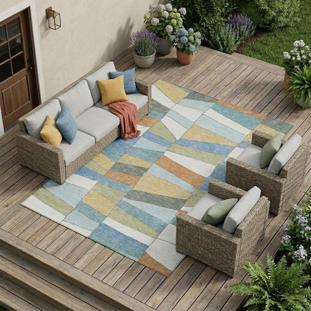 10' X 14' Blue And Ivory Geometric Washable Indoor Outdoor Area Rug — view 5