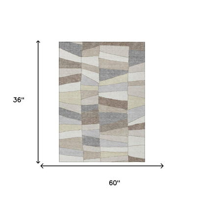 3' X 5' Ivory And Beige Geometric Washable Indoor Outdoor Area Rug HomeRoots
