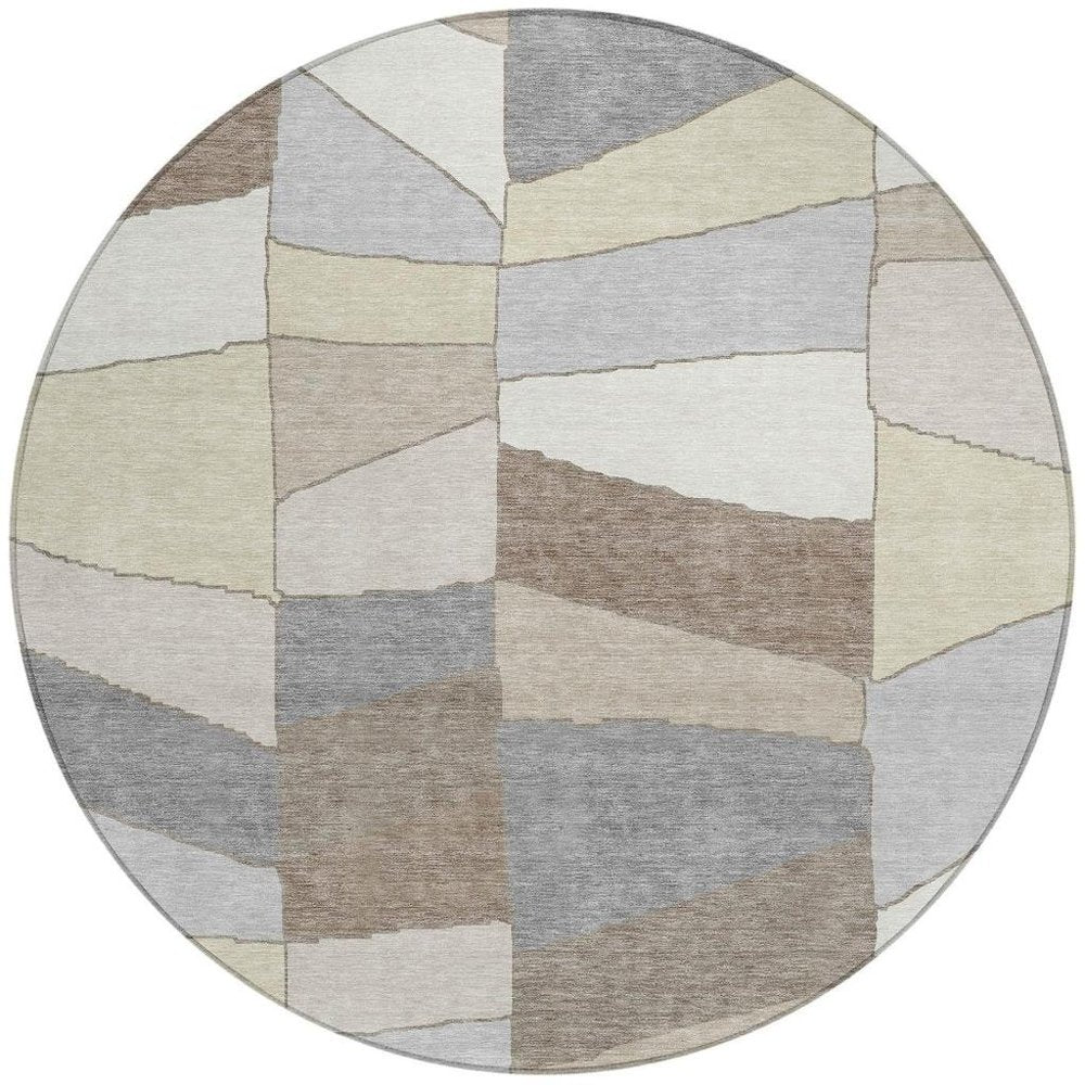 8' Ivory And Beige Round Geometric Washable Indoor Outdoor Area Rug HomeRoots