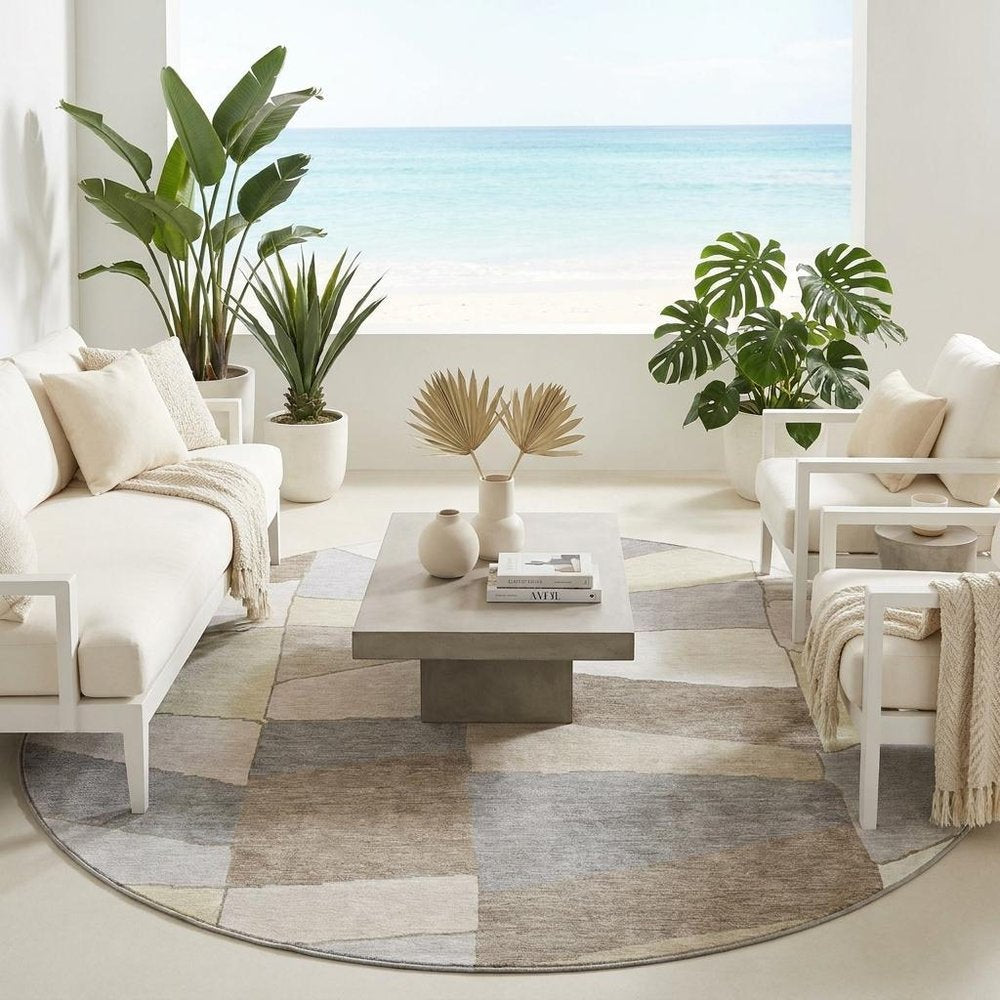 8' Ivory And Beige Round Geometric Washable Indoor Outdoor Area Rug — view 8