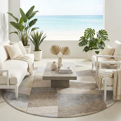 8' Ivory And Beige Round Geometric Washable Indoor Outdoor Area Rug HomeRoots