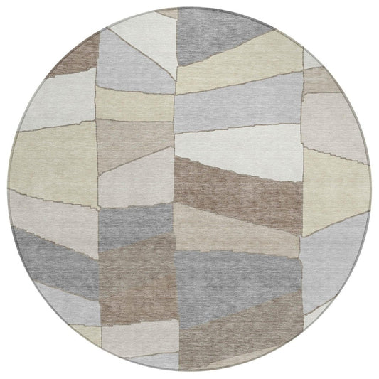 8' Ivory And Beige Round Geometric Washable Indoor Outdoor Area Rug