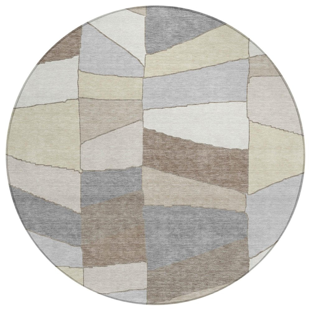 8' Ivory And Beige Round Geometric Washable Indoor Outdoor Area Rug — view 1