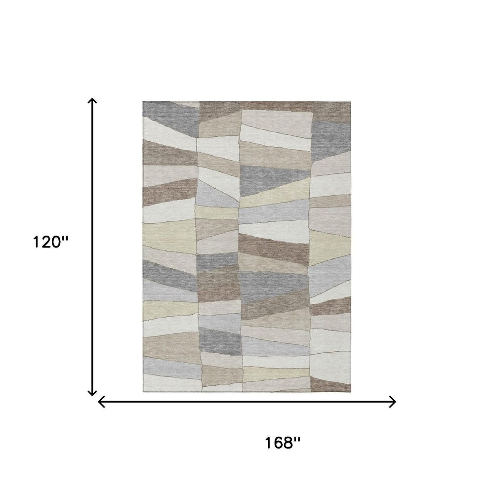 10' X 14' Ivory And Beige Geometric Washable Indoor Outdoor Area Rug HomeRoots