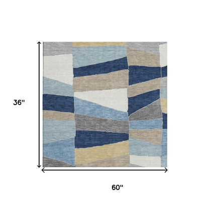 3' X 5' Navy Blue And Blue Geometric Washable Indoor Outdoor Area Rug