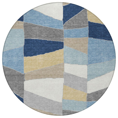 8' Navy Blue And Blue Round Geometric Washable Indoor Outdoor Area Rug HomeRoots