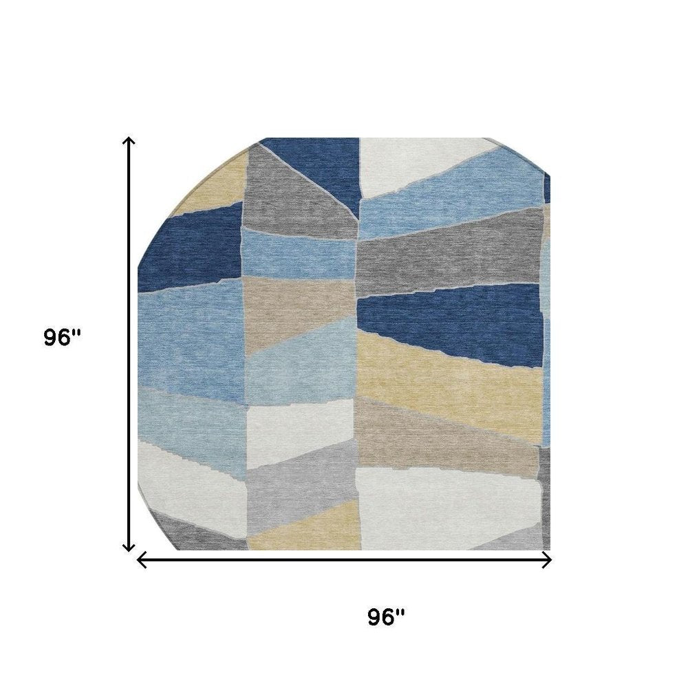 8' Navy Blue And Blue Round Geometric Washable Indoor Outdoor Area Rug — view 10