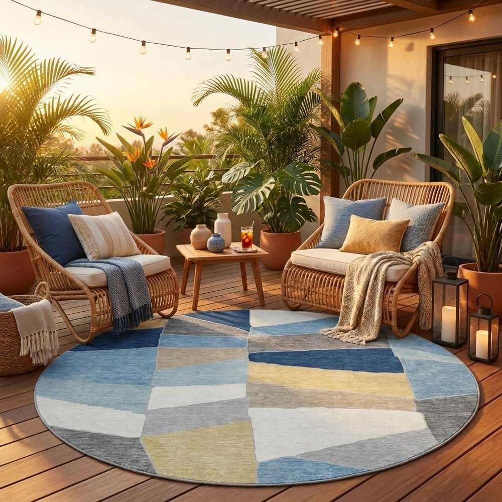 8' Navy Blue And Blue Round Geometric Washable Indoor Outdoor Area Rug HomeRoots