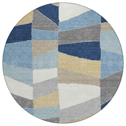 8' Navy Blue And Blue Round Geometric Washable Indoor Outdoor Area Rug HomeRoots
