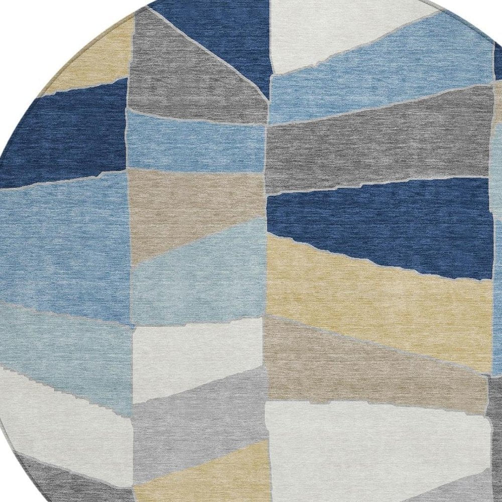 8' Navy Blue And Blue Round Geometric Washable Indoor Outdoor Area Rug HomeRoots