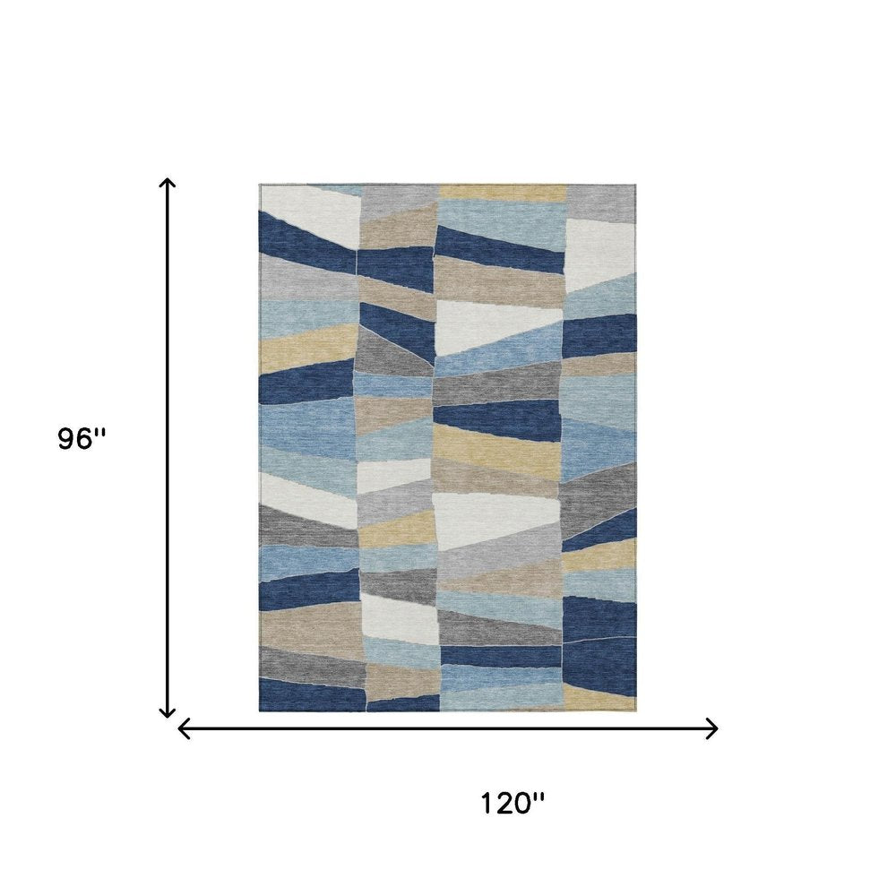 8' X 10' Navy Blue And Blue Geometric Washable Indoor Outdoor Area Rug HomeRoots