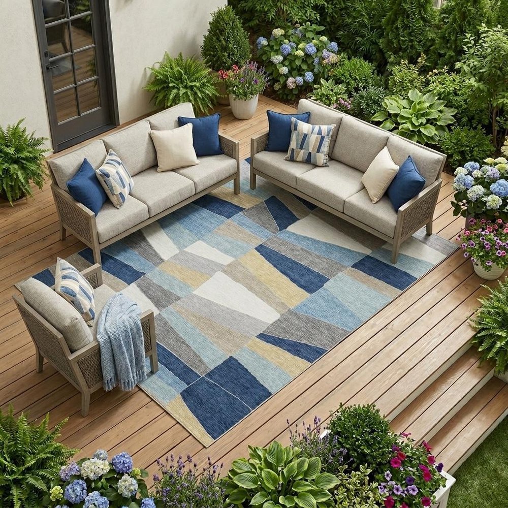 8' X 10' Navy Blue And Blue Geometric Washable Indoor Outdoor Area Rug HomeRoots