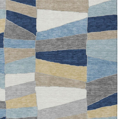 10' X 14' Navy Blue And Blue Geometric Washable Indoor Outdoor Area Rug