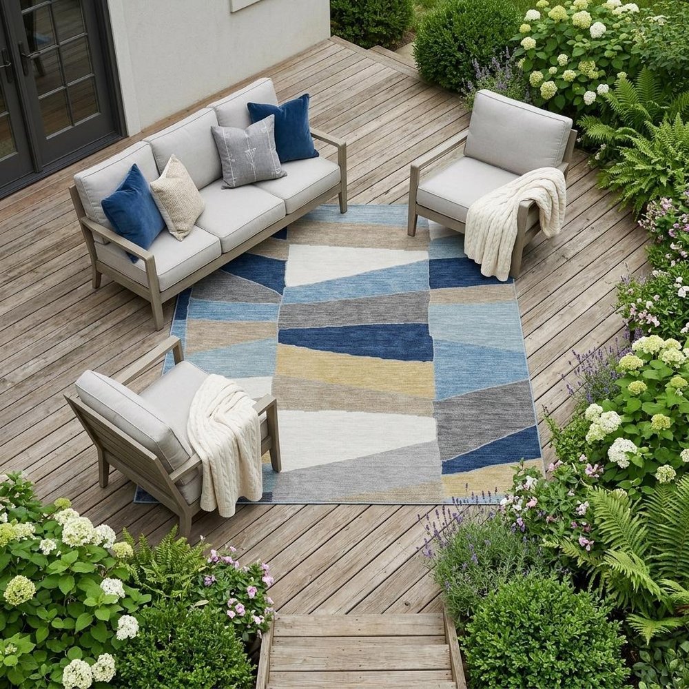 10' X 14' Navy Blue And Blue Geometric Washable Indoor Outdoor Area Rug — view 11