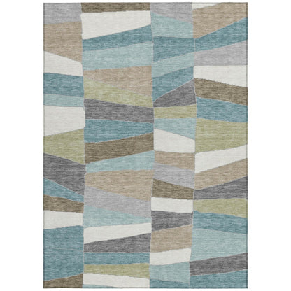 3' X 5' Teal Blue And Beige Geometric Washable Indoor Outdoor Area Rug