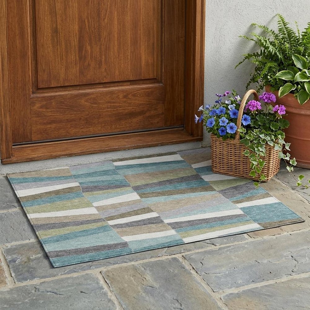 3' X 5' Teal Blue And Beige Geometric Washable Indoor Outdoor Area Rug — view 15
