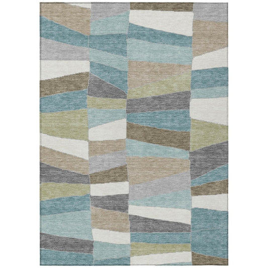 3' X 5' Teal Blue And Beige Geometric Washable Indoor Outdoor Area Rug
