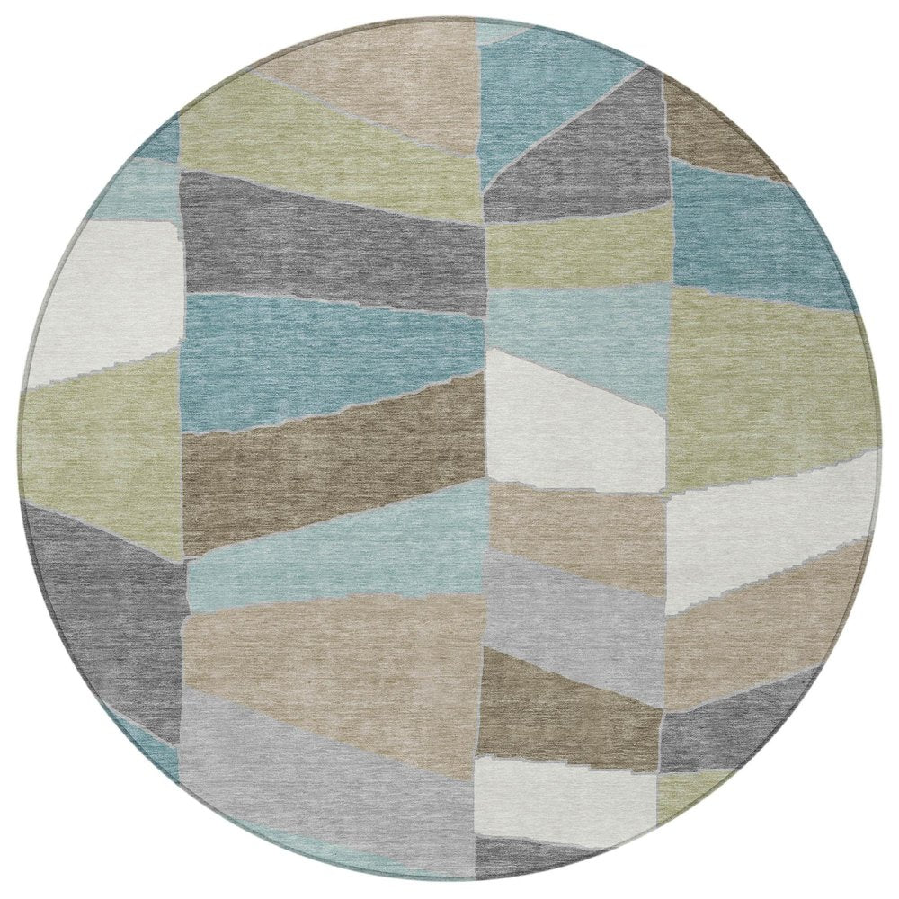 8' Teal Blue And Beige Round Geometric Washable Indoor Outdoor Area Rug HomeRoots