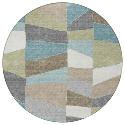 8' Teal Blue And Beige Round Geometric Washable Indoor Outdoor Area Rug HomeRoots