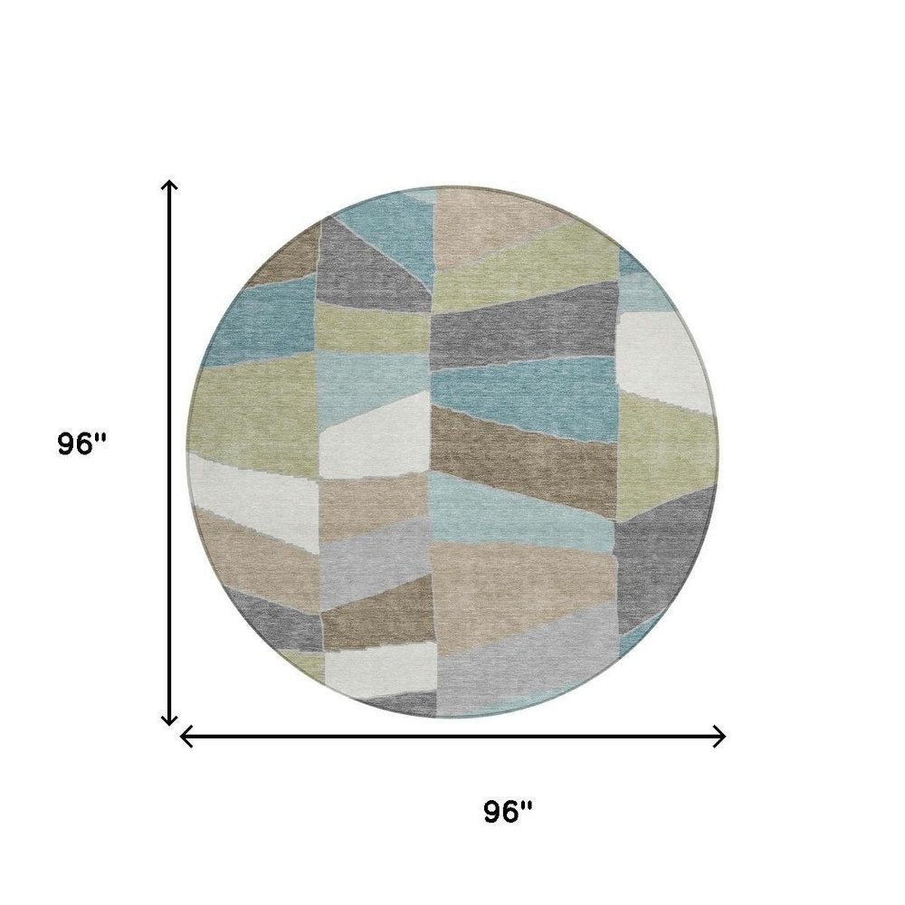 8' Teal Blue And Beige Round Geometric Washable Indoor Outdoor Area Rug HomeRoots