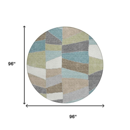 8' Teal Blue And Beige Round Geometric Washable Indoor Outdoor Area Rug HomeRoots