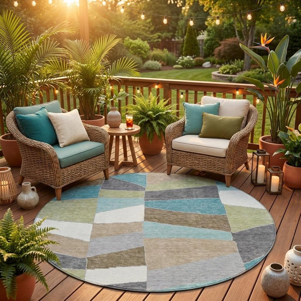 8' Teal Blue And Beige Round Geometric Washable Indoor Outdoor Area Rug HomeRoots