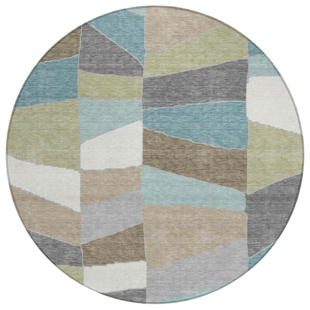 8' Teal Blue And Beige Round Geometric Washable Indoor Outdoor Area Rug — view 1
