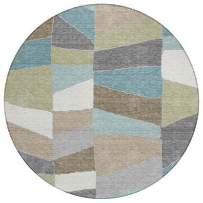 8' Teal Blue And Beige Round Geometric Washable Indoor Outdoor Area Rug HomeRoots