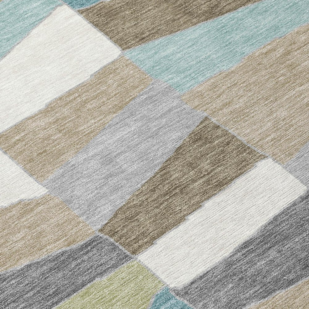 8' Teal Blue And Beige Round Geometric Washable Indoor Outdoor Area Rug HomeRoots