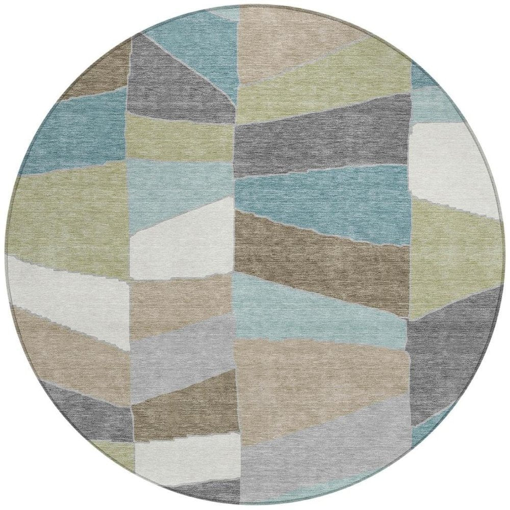 8' Teal Blue And Beige Round Geometric Washable Indoor Outdoor Area Rug — view 4