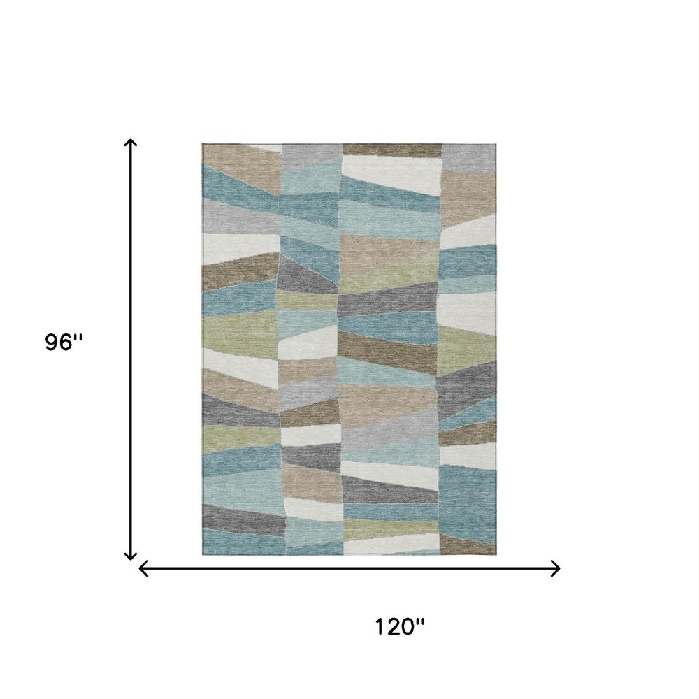 8' X 10' Teal Blue And Beige Geometric Washable Indoor Outdoor Area Rug HomeRoots