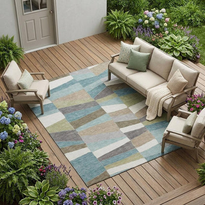8' X 10' Teal Blue And Beige Geometric Washable Indoor Outdoor Area Rug HomeRoots