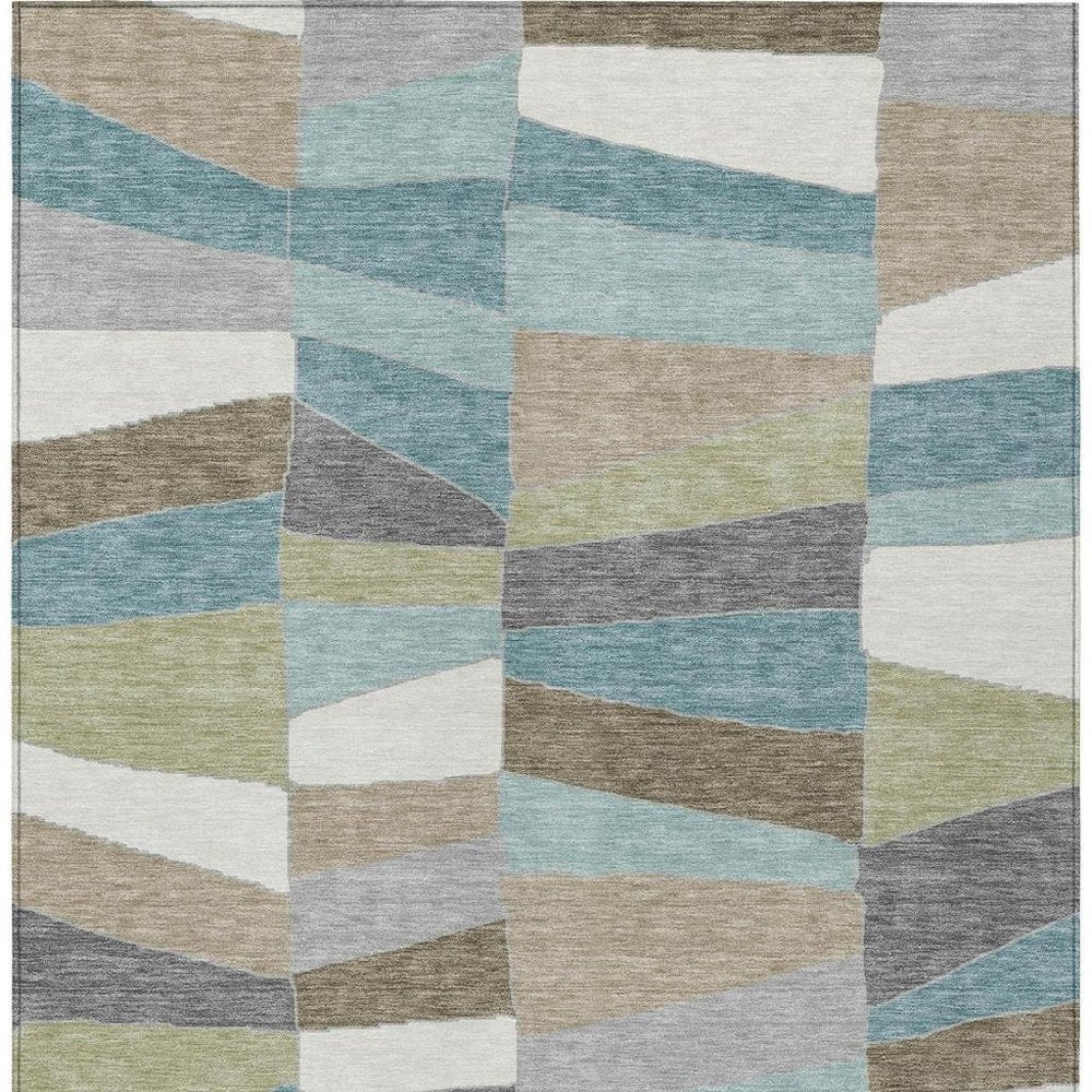 9' X 12' Teal Blue And Beige Geometric Washable Indoor Outdoor Area Rug — view 4