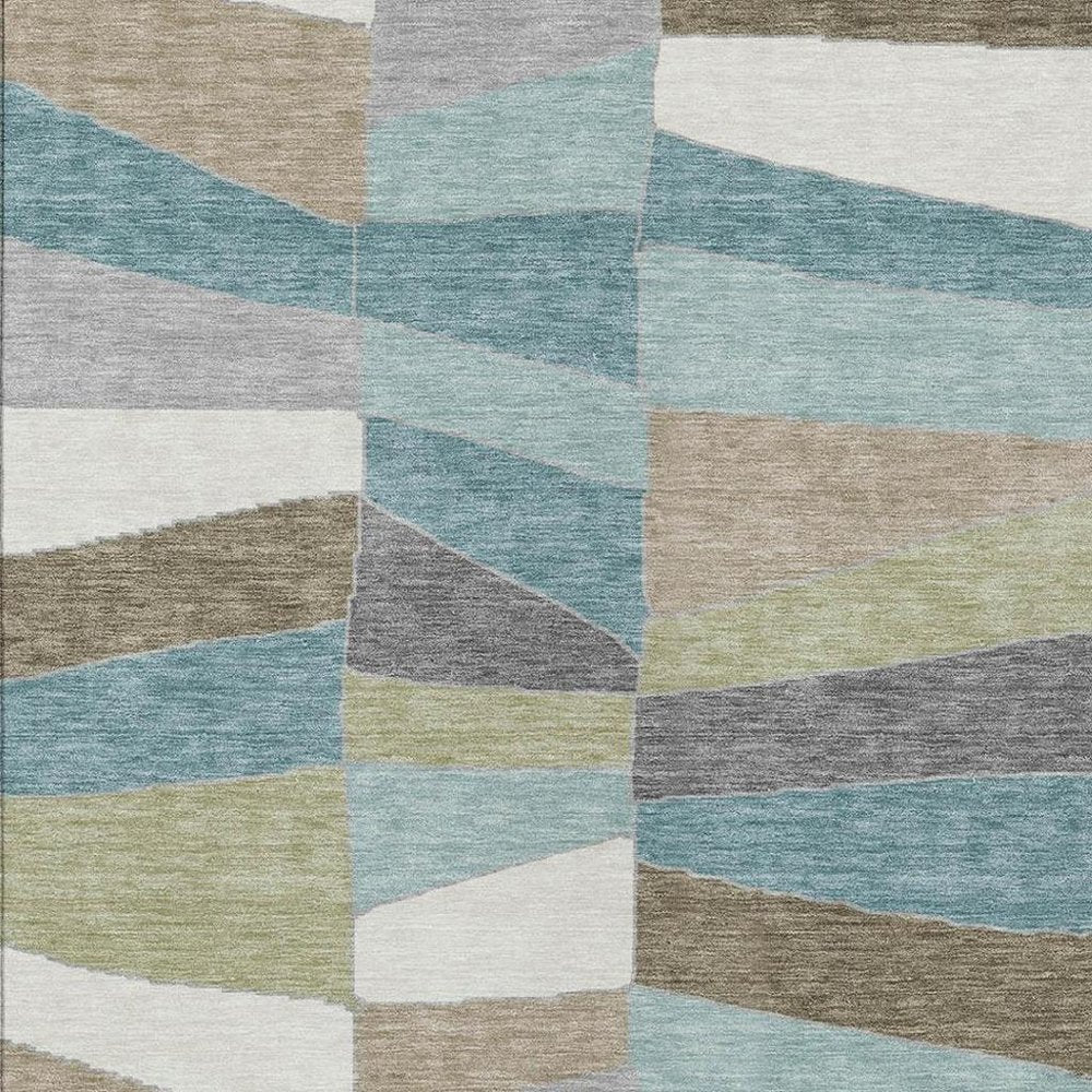 9' X 12' Teal Blue And Beige Geometric Washable Indoor Outdoor Area Rug HomeRoots