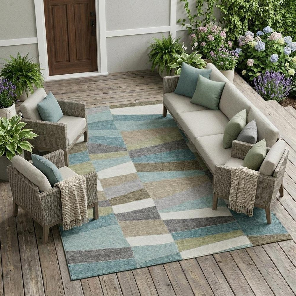 9' X 12' Teal Blue And Beige Geometric Washable Indoor Outdoor Area Rug — view 11