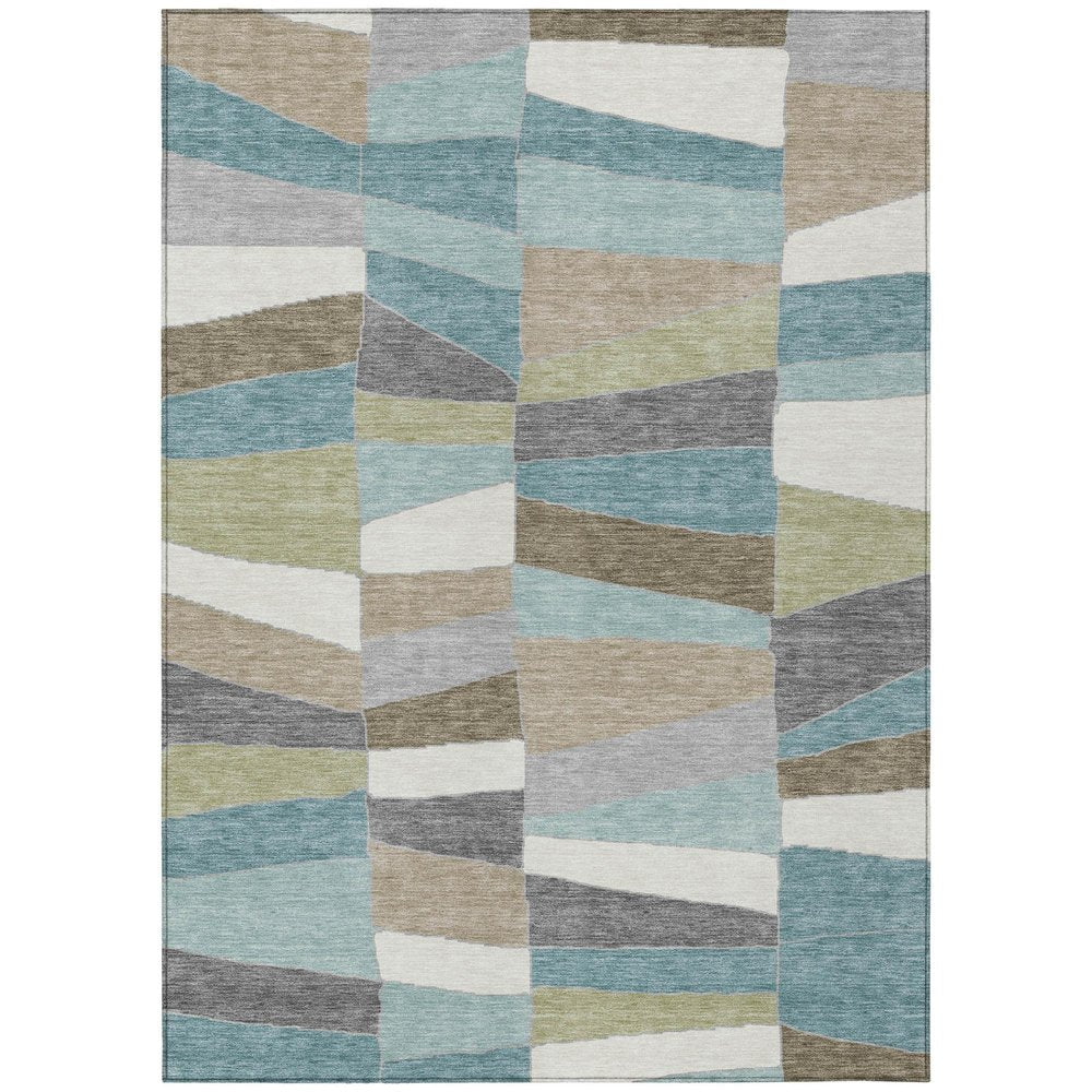 9' X 12' Teal Blue And Beige Geometric Washable Indoor Outdoor Area Rug HomeRoots