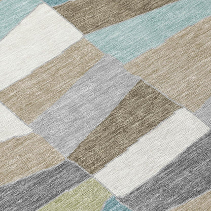 9' X 12' Teal Blue And Beige Geometric Washable Indoor Outdoor Area Rug HomeRoots