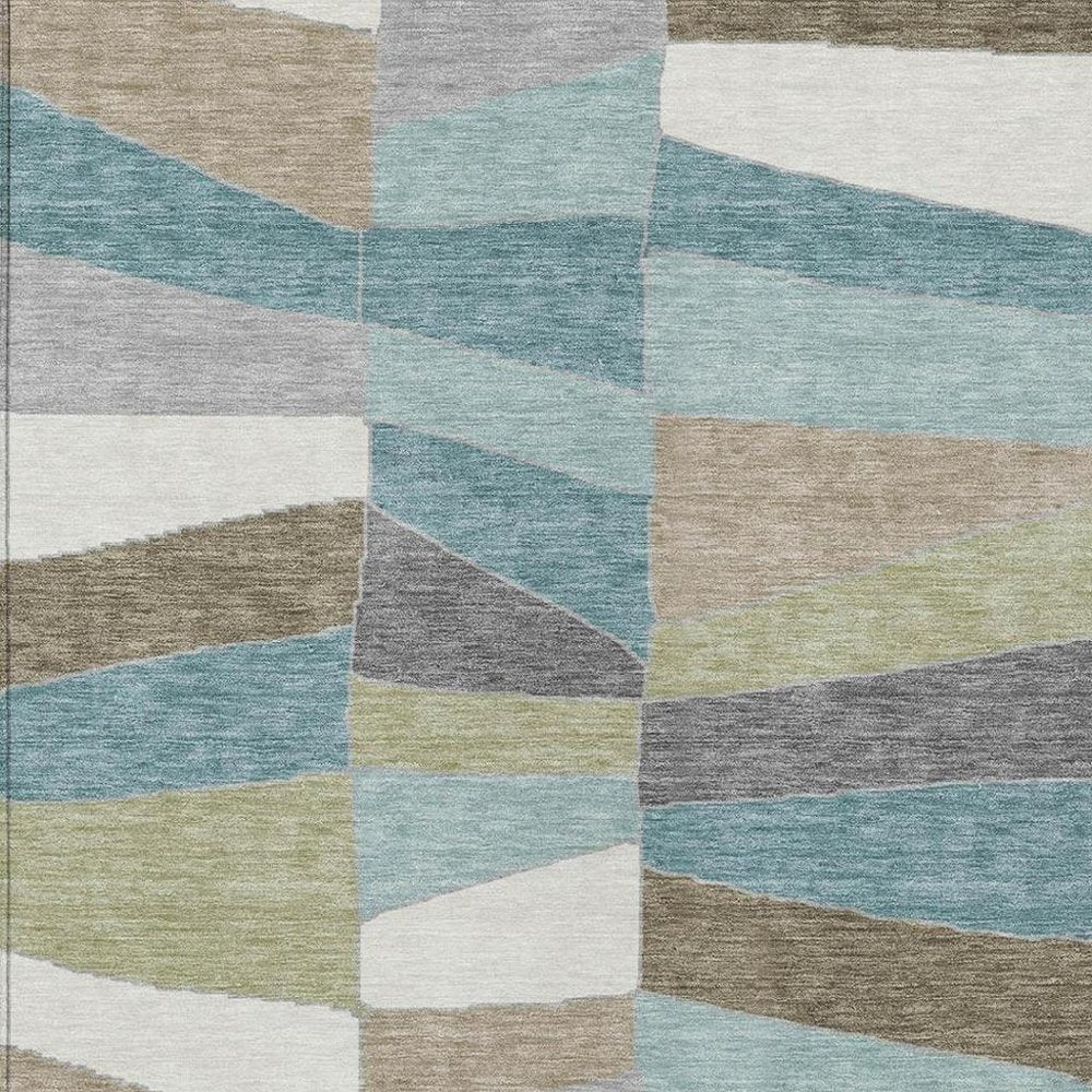 10' X 14' Teal Blue And Beige Geometric Washable Indoor Outdoor Area Rug — view 7
