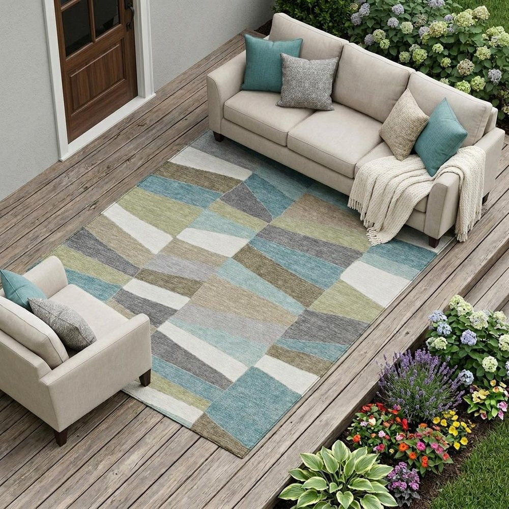 10' X 14' Teal Blue And Beige Geometric Washable Indoor Outdoor Area Rug HomeRoots