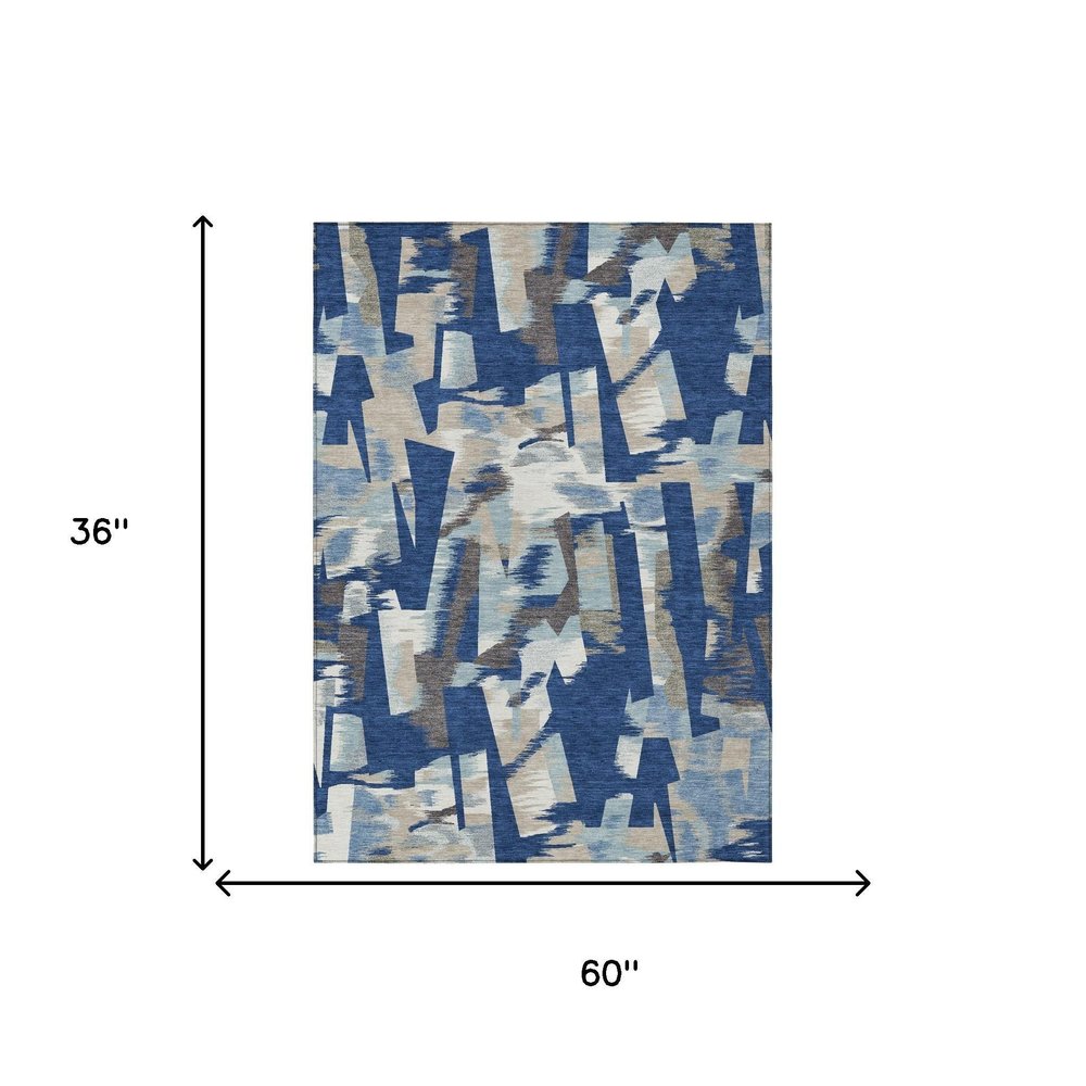 3' X 5' Blue And Beige Abstract Washable Indoor Outdoor Area Rug — view 14