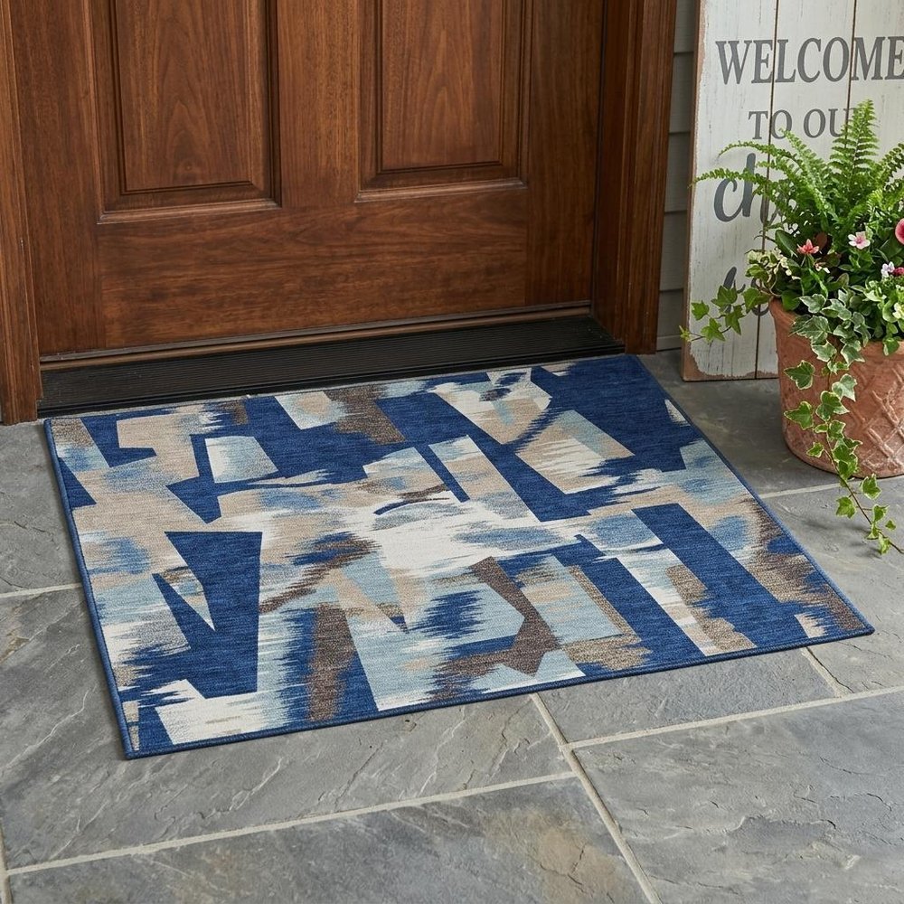 3' X 5' Blue And Beige Abstract Washable Indoor Outdoor Area Rug — view 15