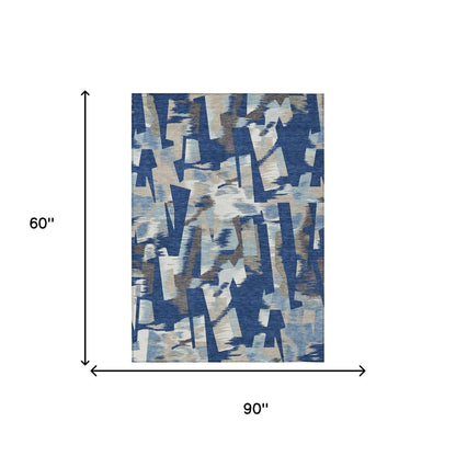5' X 8' Blue And Beige Abstract Washable Indoor Outdoor Area Rug HomeRoots