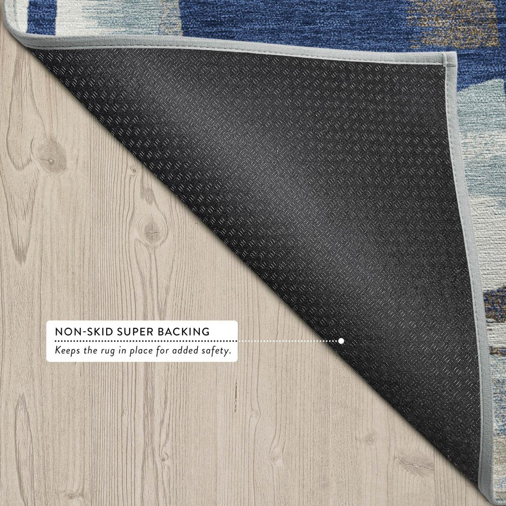 5' X 8' Blue And Beige Abstract Washable Indoor Outdoor Area Rug