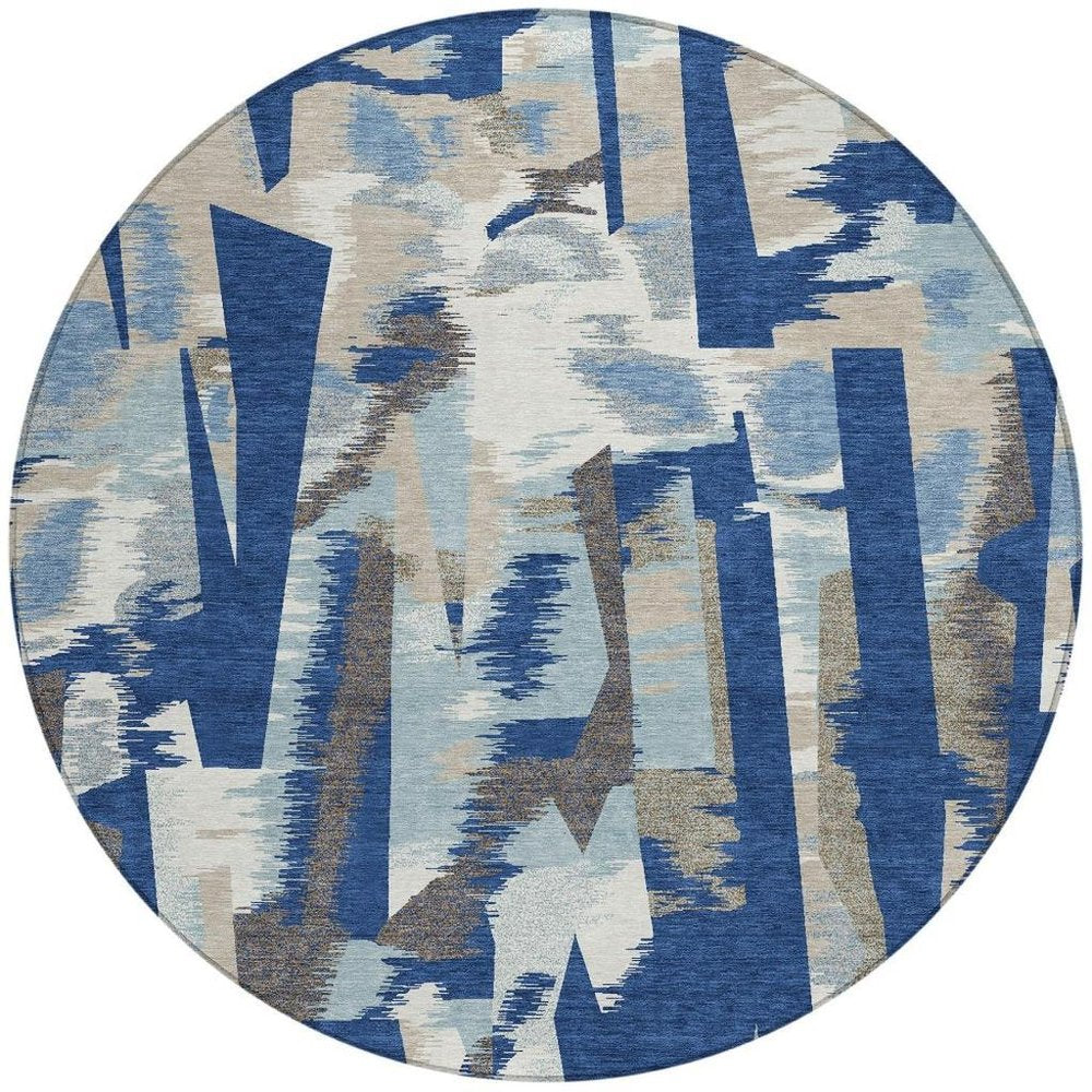 8' Blue And Beige Round Abstract Washable Indoor Outdoor Area Rug — view 5