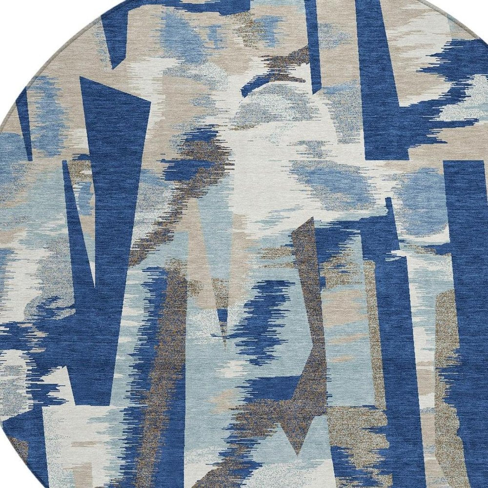 8' Blue And Beige Round Abstract Washable Indoor Outdoor Area Rug — view 6