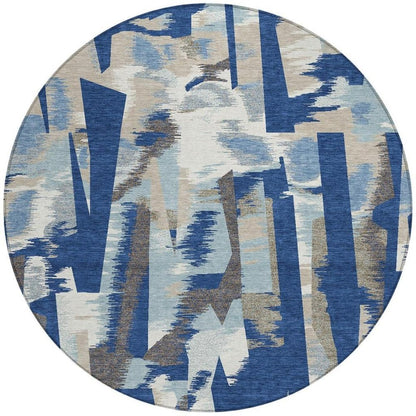 8' Blue And Beige Round Abstract Washable Indoor Outdoor Area Rug HomeRoots