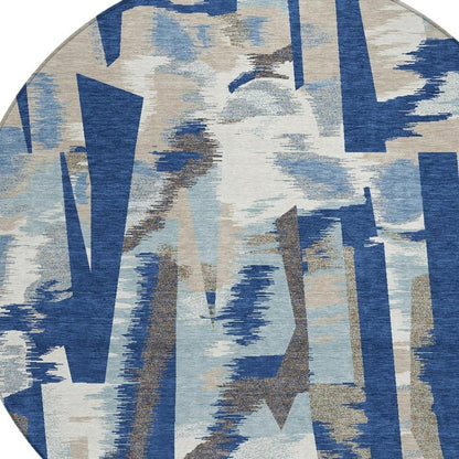 8' Blue And Beige Round Abstract Washable Indoor Outdoor Area Rug HomeRoots
