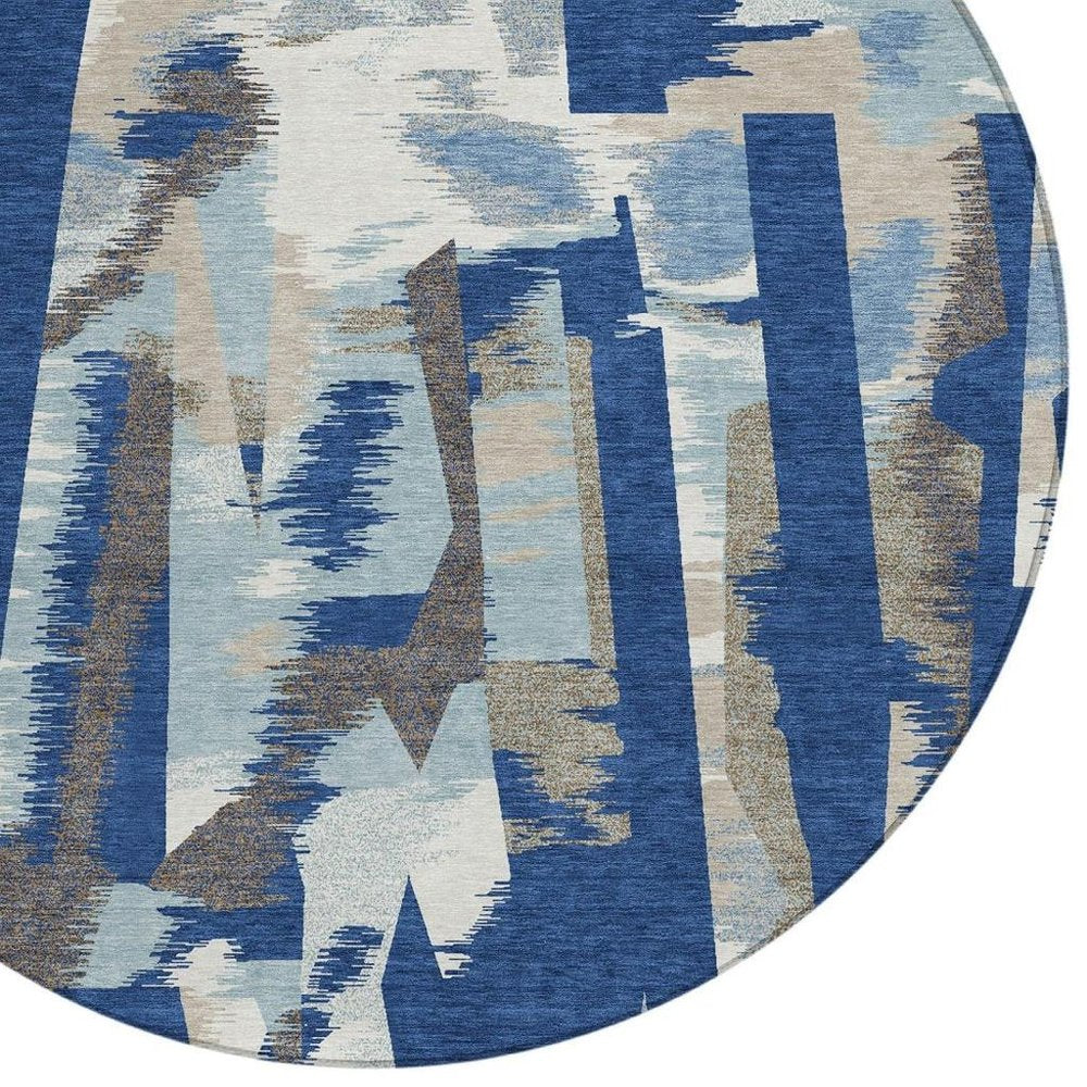 8' Blue And Beige Round Abstract Washable Indoor Outdoor Area Rug HomeRoots