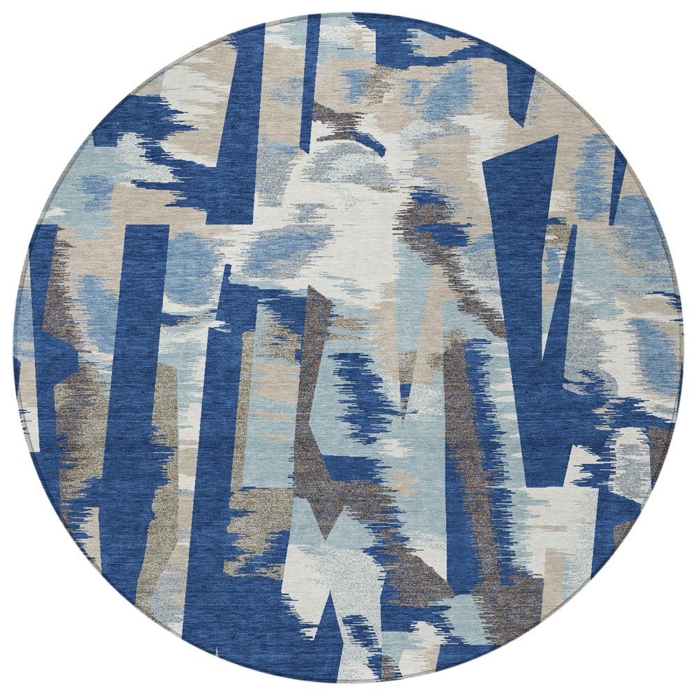 8' Blue And Beige Round Abstract Washable Indoor Outdoor Area Rug HomeRoots