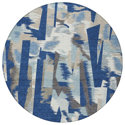 8' Blue And Beige Round Abstract Washable Indoor Outdoor Area Rug HomeRoots